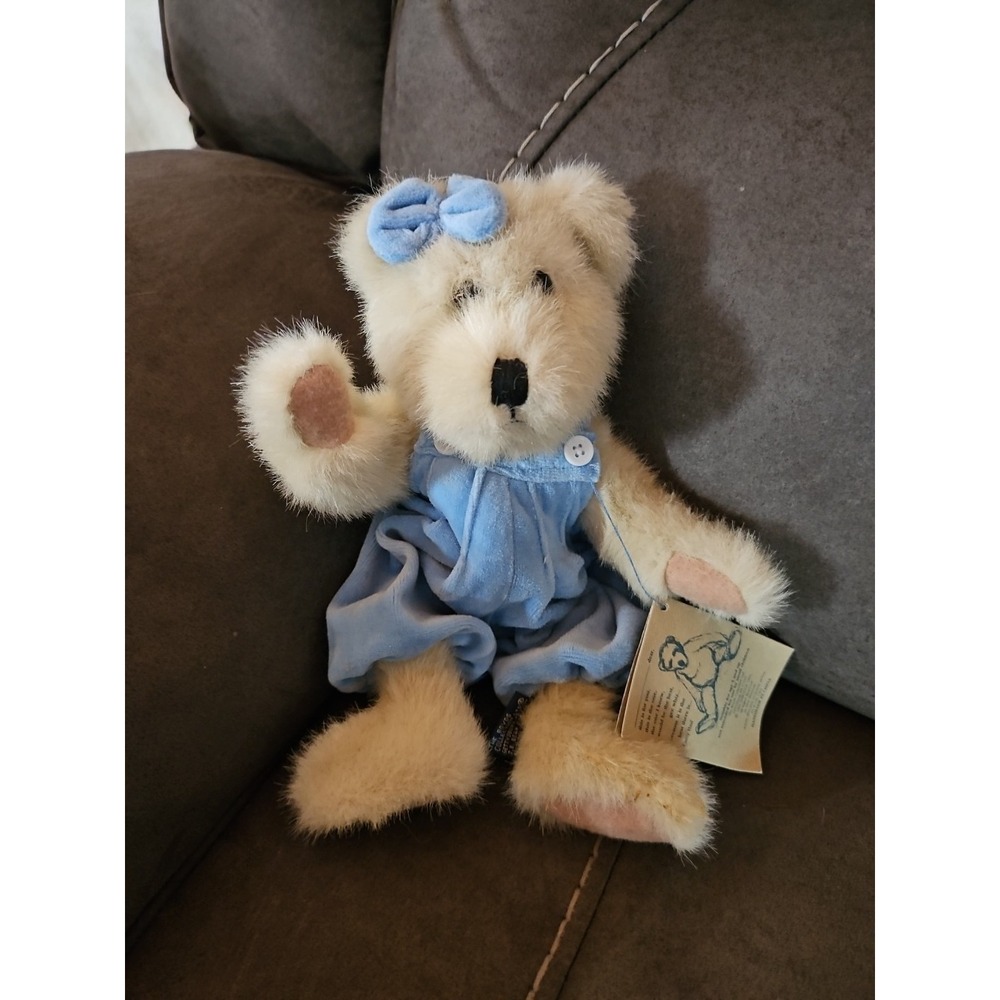 Boyds Bears "Sasha" -  White/Tan Plush in Baby Blue Velvet Romper‎ And Blow